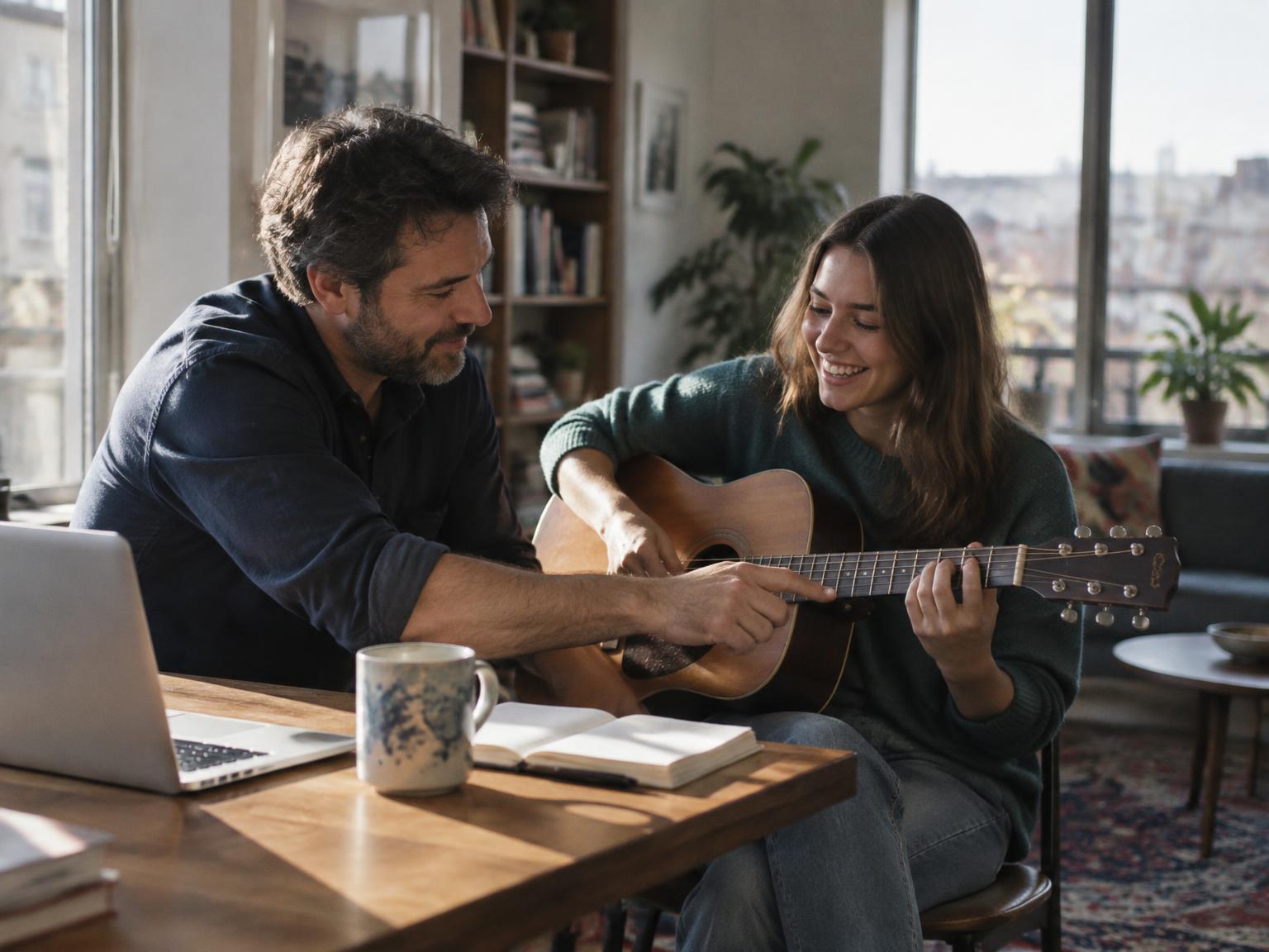 A man shows a young woman guitar chords at a table with a laptop and notebook